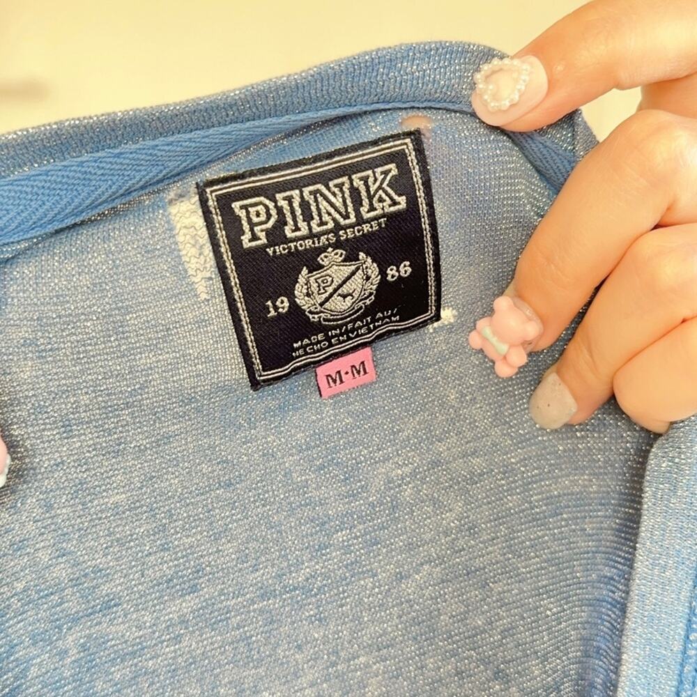 Vintage 2000s Victorias Secret PINK Metallic Heart Heathered Henley Top Blue M - Picture 4 of 8